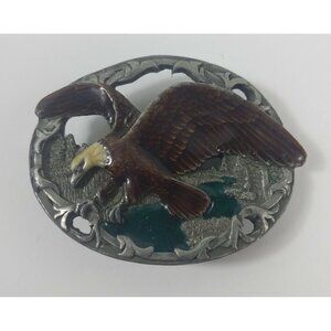 Flying Eagle Belt Buckle Enamel Glaze USA Made Silver Excellent C+J Vintage 90s